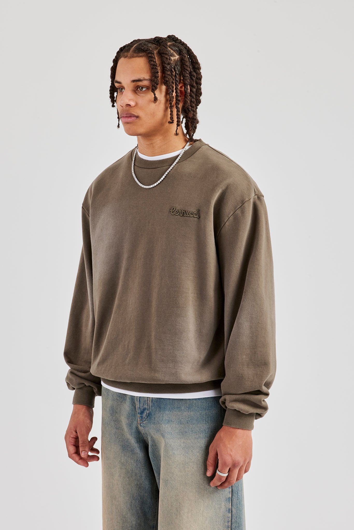 Washed Applique Boxy Sweater - Khaki